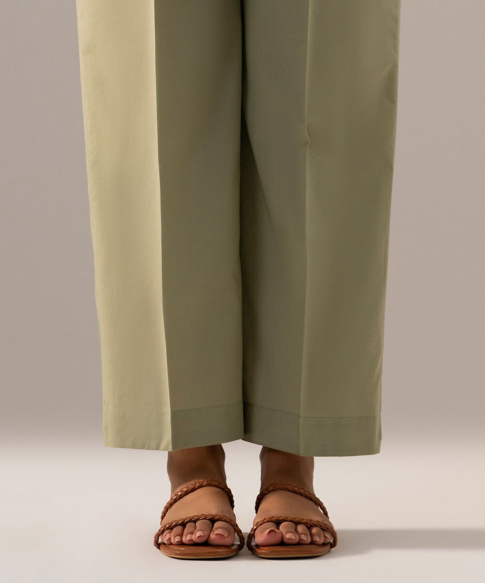 Women's RTW Cambric Solid Muted Green Straight Pants