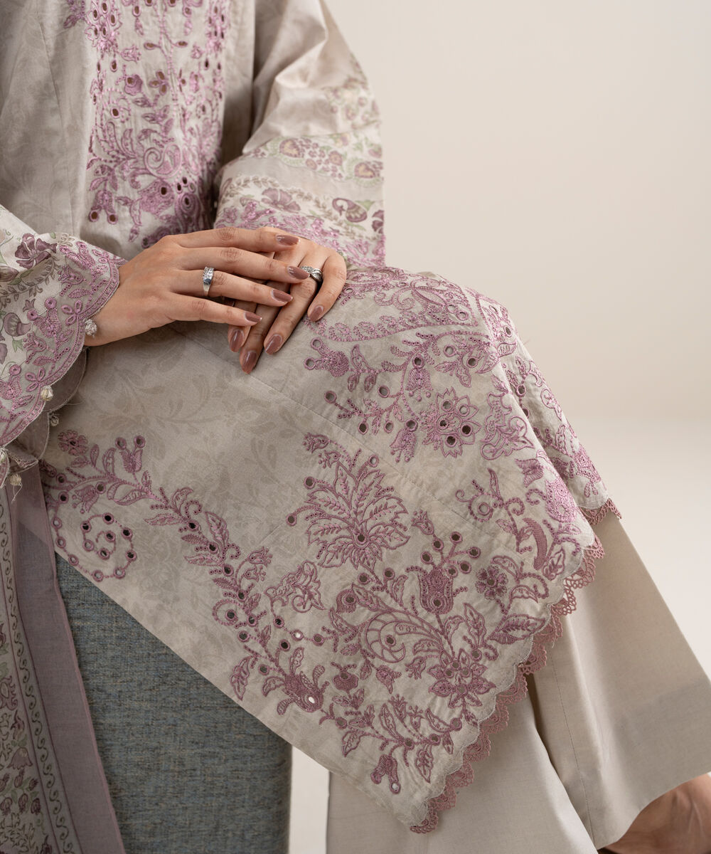 Women's Unstitched Lawn Embroidered Beige 3 Piece Suit