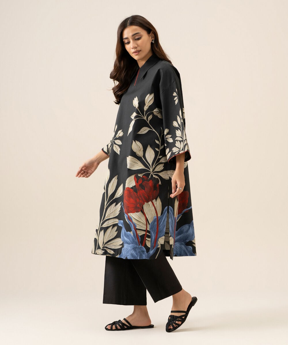 Women's Unstitched Cotton Printed Black 2 Piece Suit