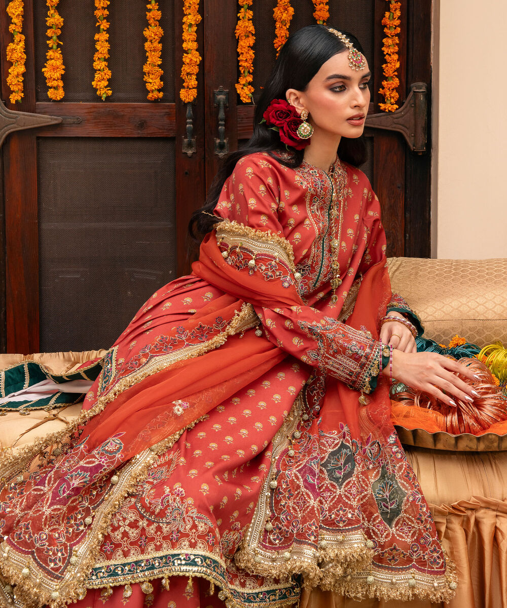 Women's Unstitched Printed Blended Grip Silk Orange 3 Piece Suit