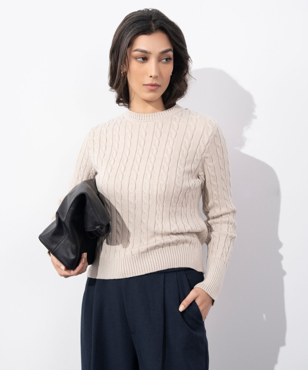 Women's Western Wear Beige Cable Knit Sweater