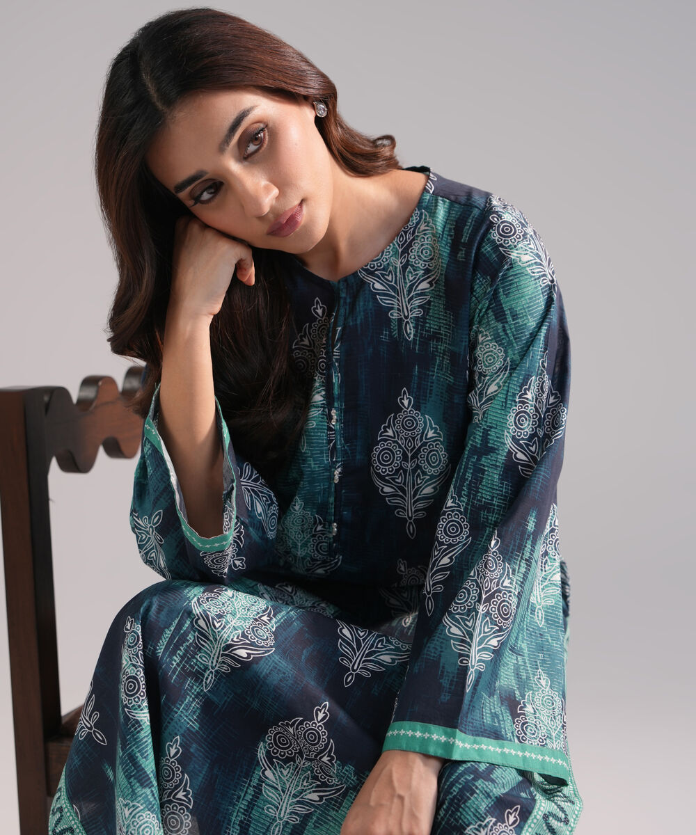 Women's RTW Slub Lawn Printed Dark Blue Straight Shirt