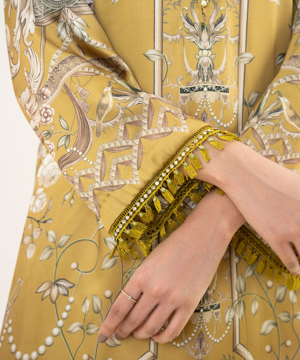 Women's RTW Blended Satin Golden Printed A-Line 2 Piece Suit