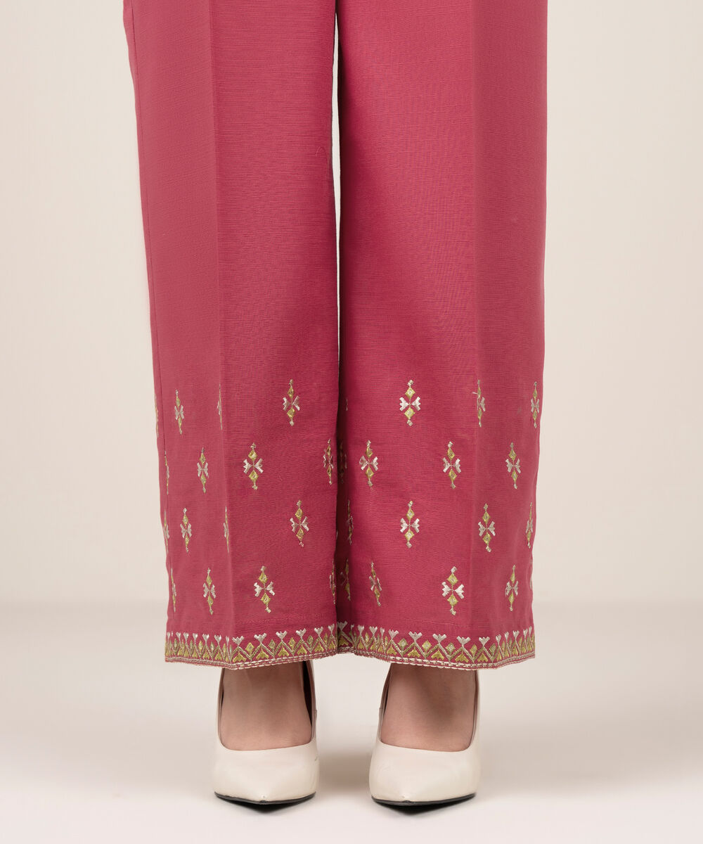 Women's RTW Khaddar Embroidered Pink Culottes