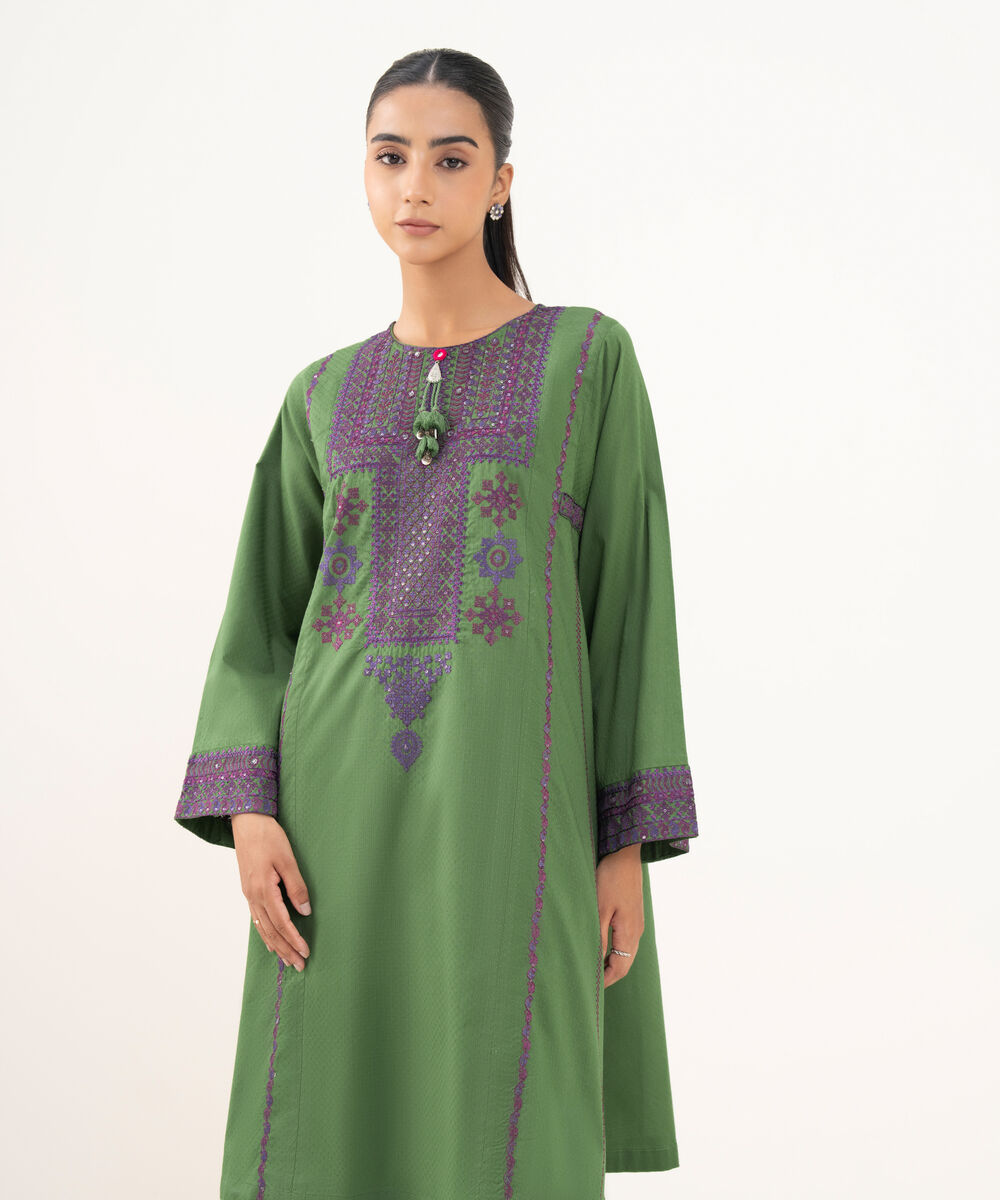Women's RTW Textured Lawn Green Embroidered A-Line Shirt