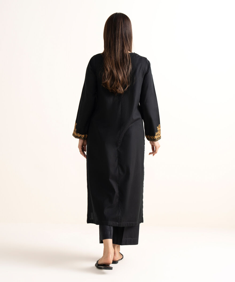 Women's RTW Textured Cotton Black Embroidered A-Line Shirt