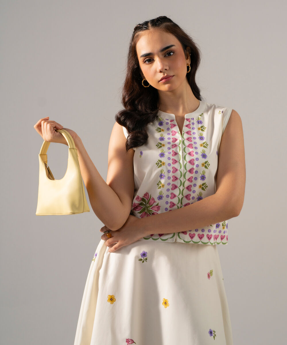 Women's RTW Poplin Printed Off White Top