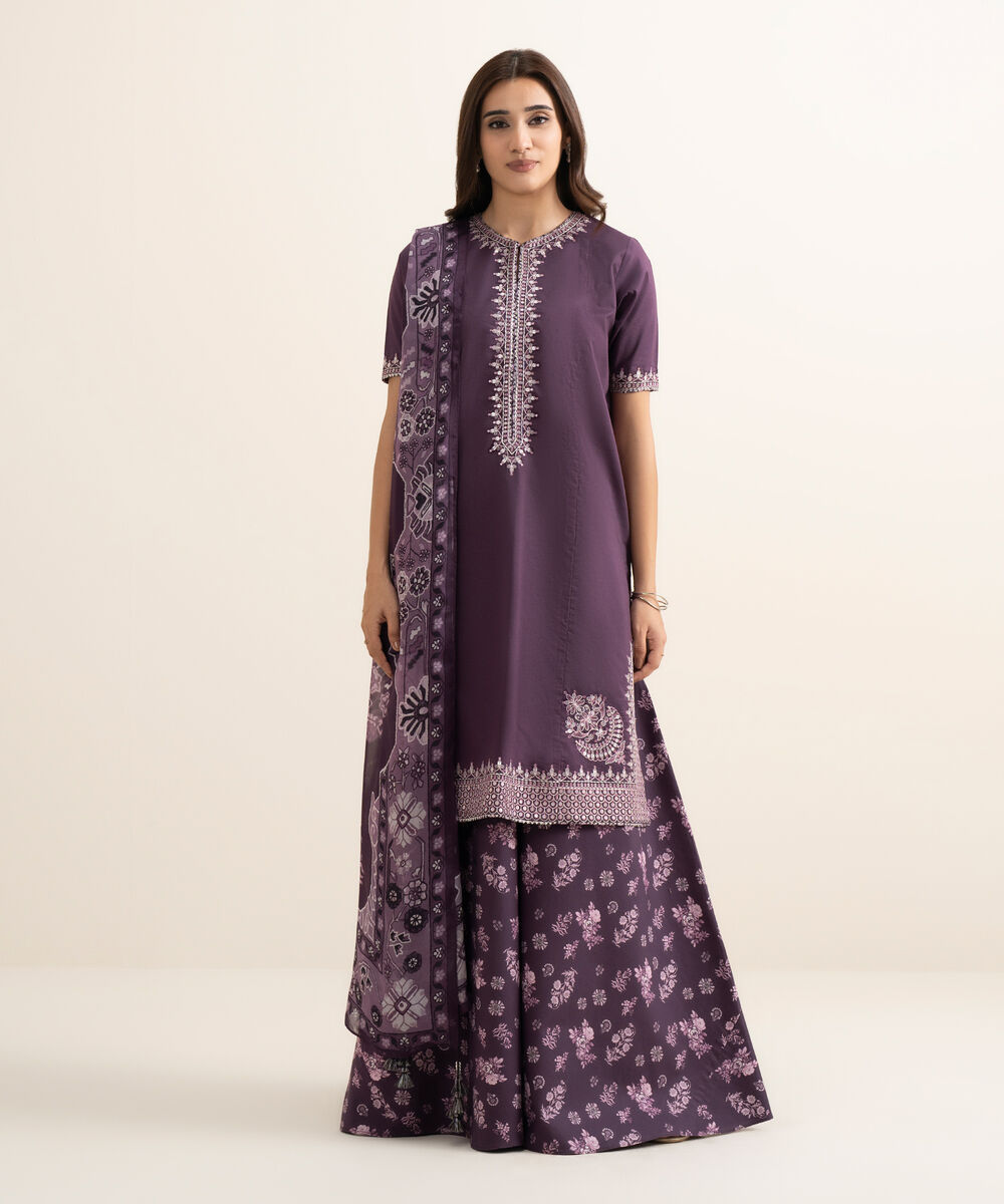 Women's Unstitched Cotton Embroidered Purple 3 Piece Suit