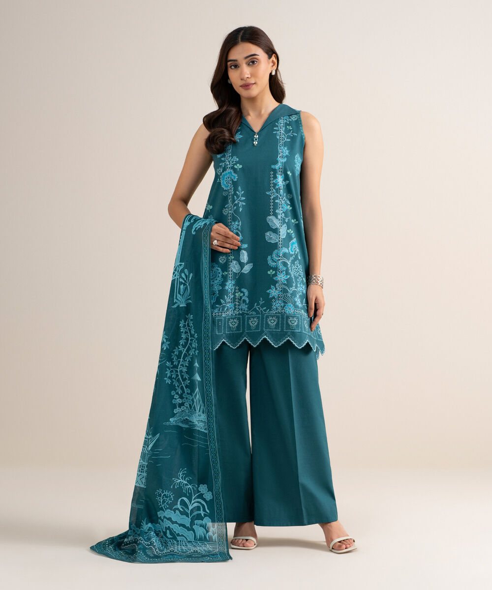 Women's Unstitched Lawn Printed Green 3 Piece Suit