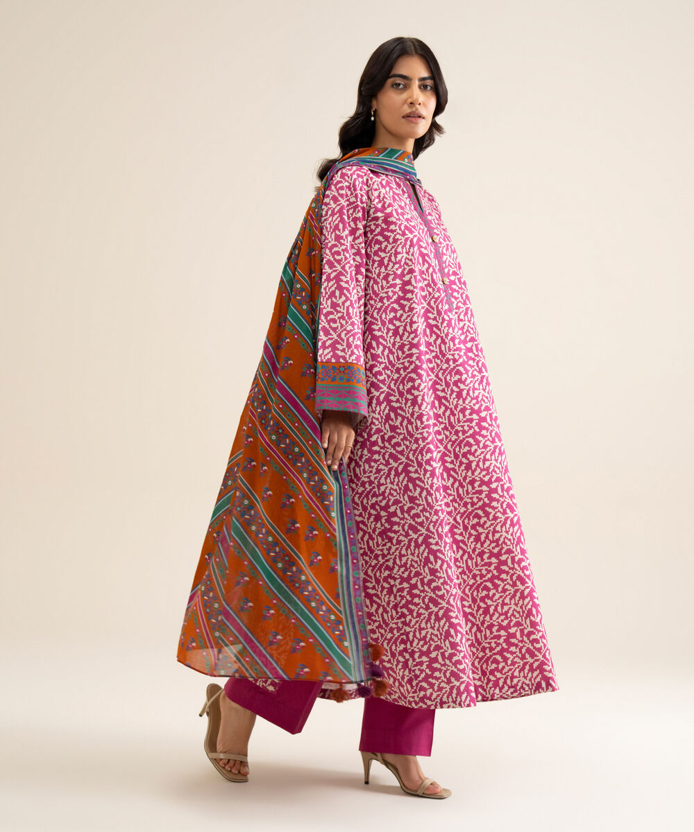 Women's Unstitched Cotton Printed Pink 3 Piece Suit