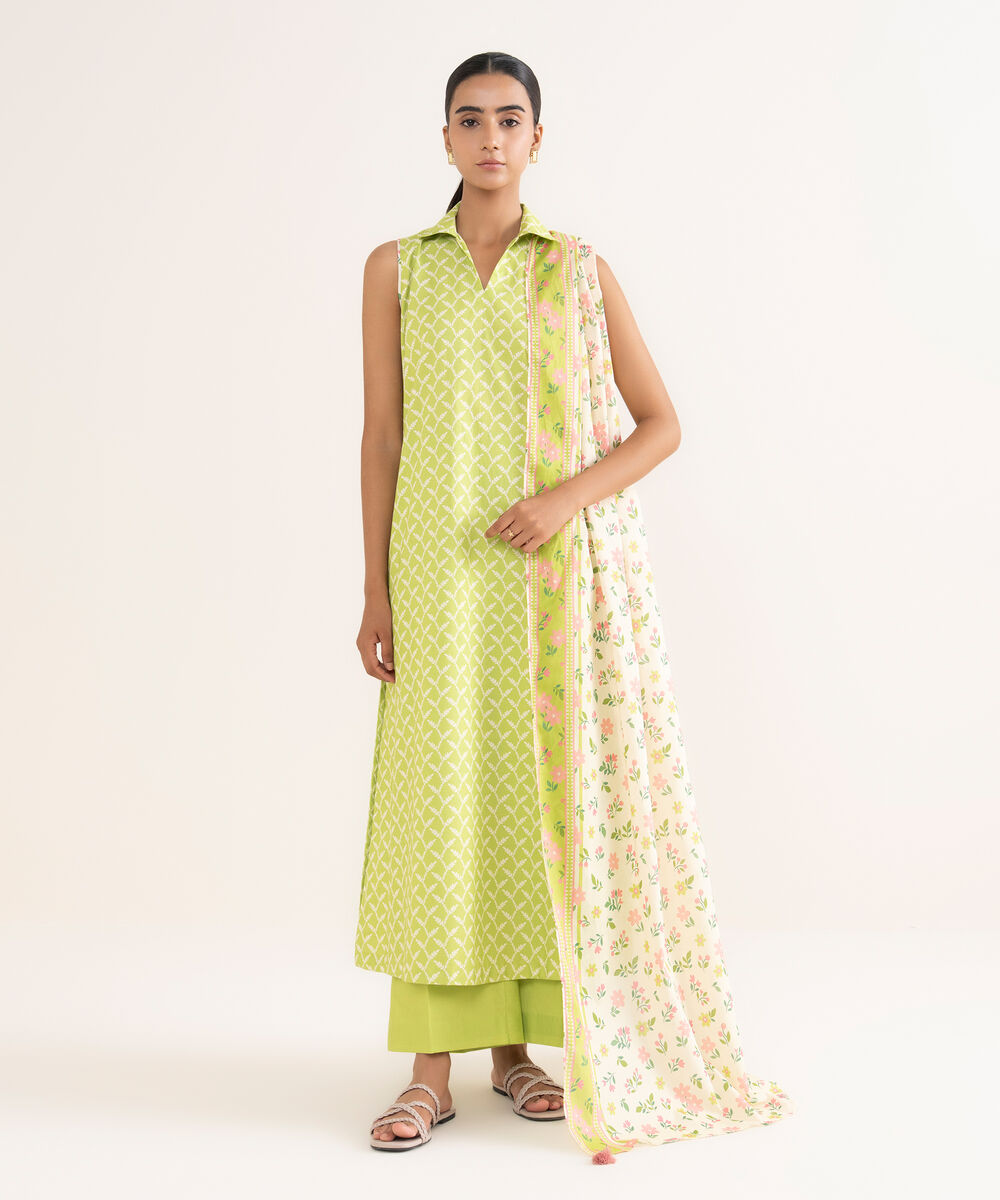 Women's Unstitched Cotton Printed Green 3 Piece Suit