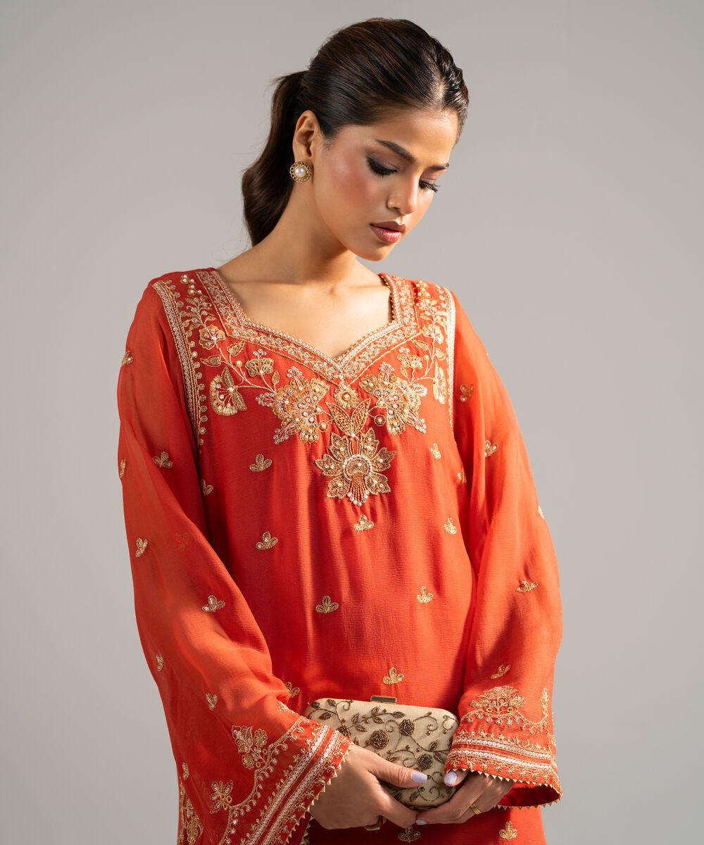 Women's RTW Chiffon Embroidered Rust 2 Piece Suit