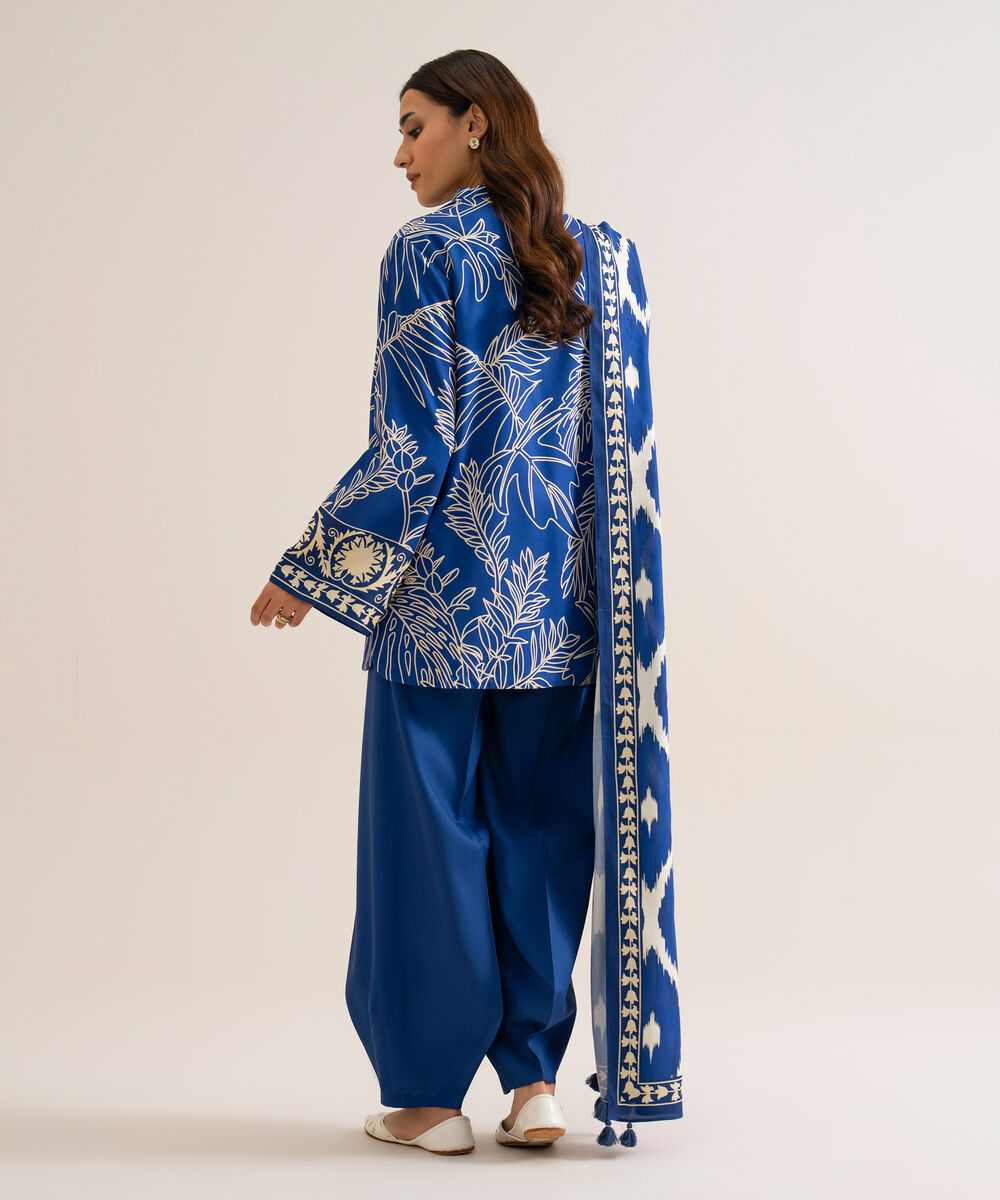 Women's Unstitched Viscose Linen Printed Blue 3 Piece Suit