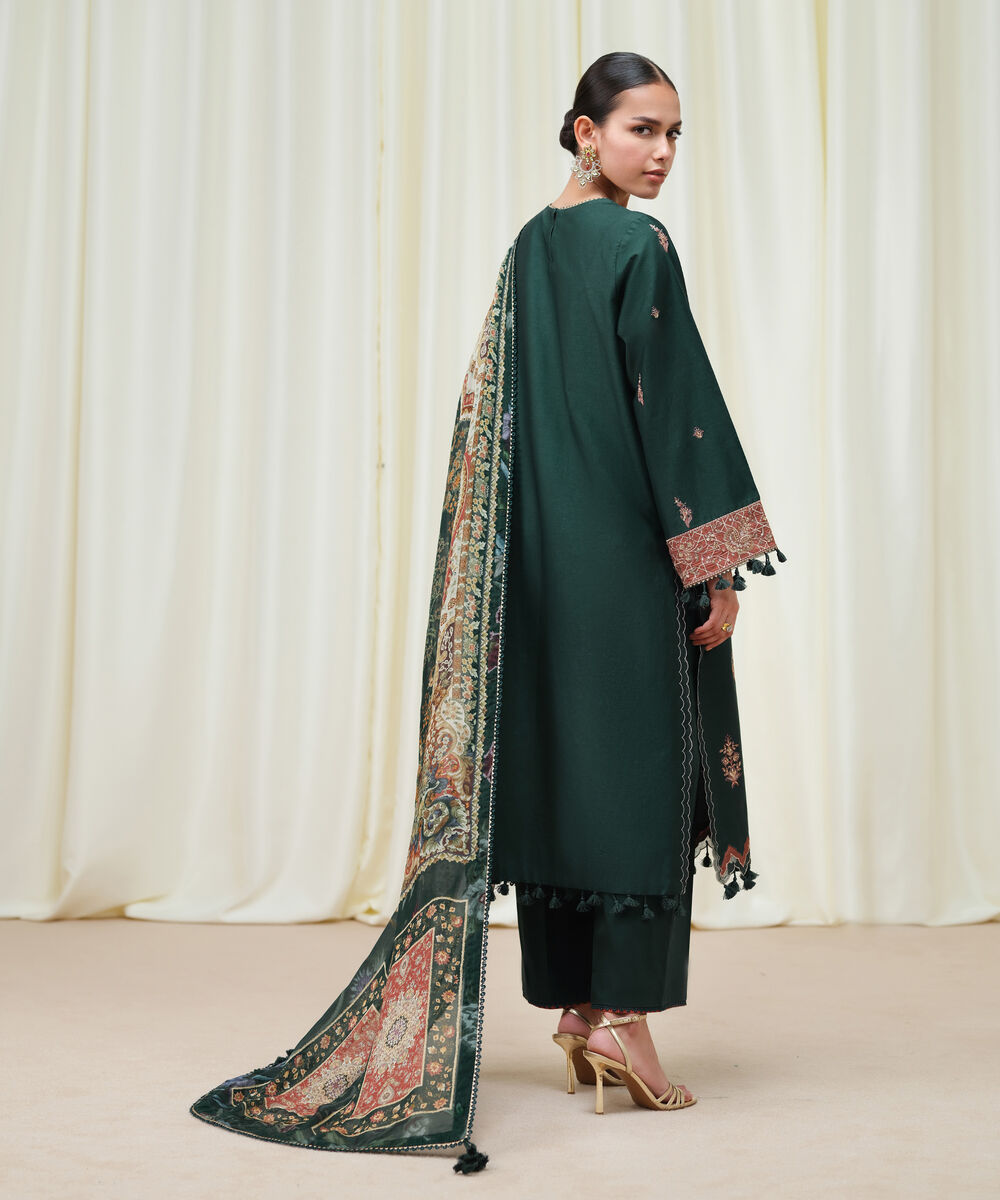 Women's Unstitched Fine Cotton Satin Embroidered Green 3 Piece Suit