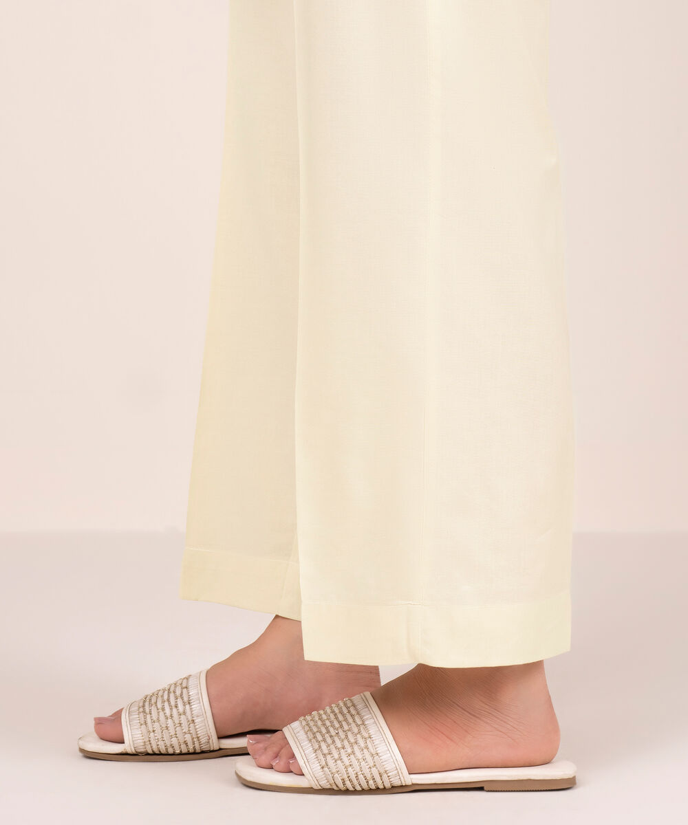 Women's RTW Cotton Viscose Solid Off White Straight Pants