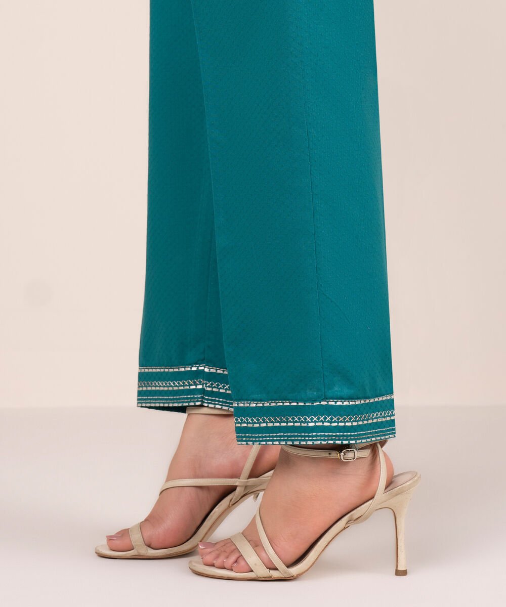 Women's RTW Dobby Embroidered Green Straight Pants