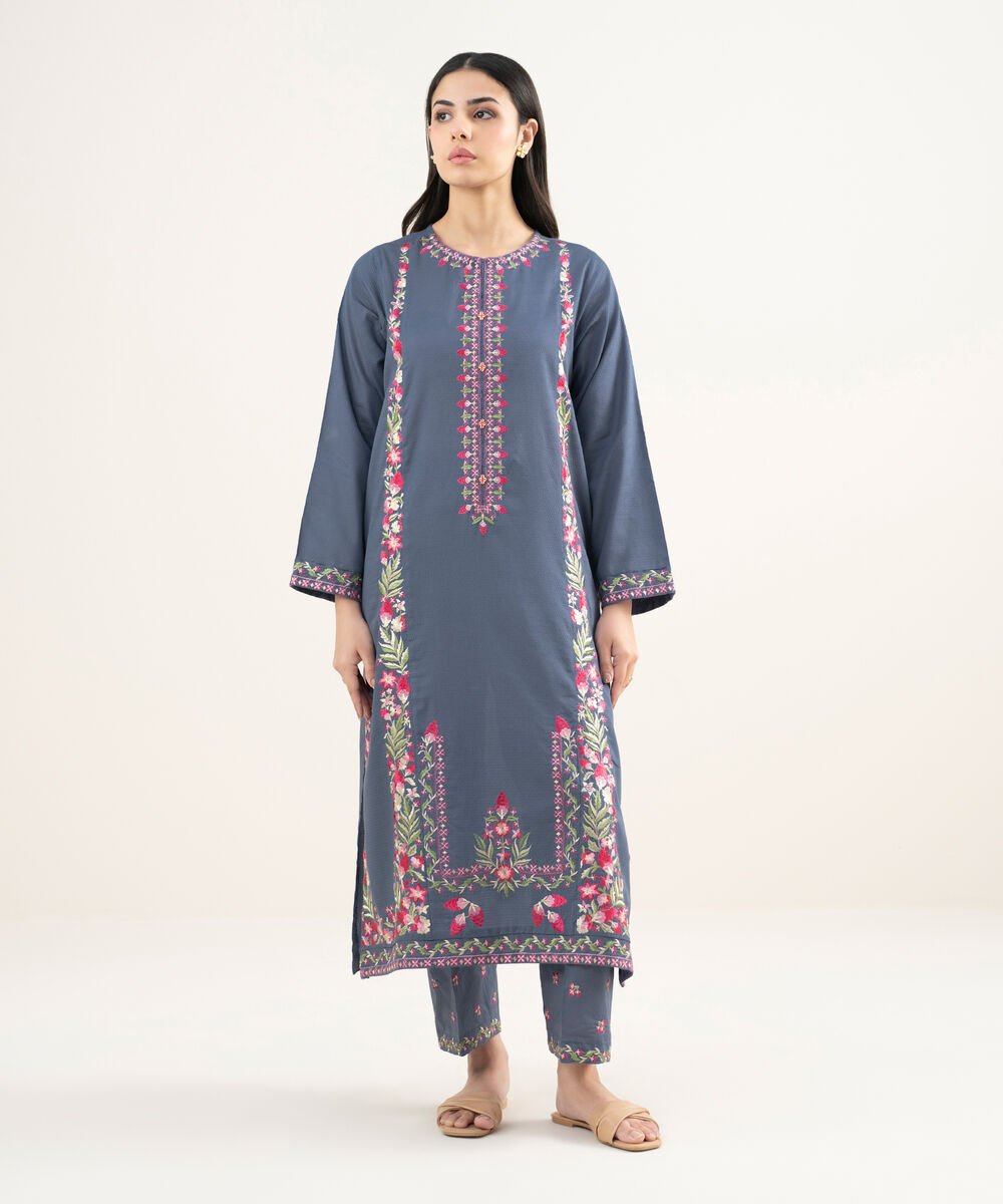 Women's RTW Dobby Embroidered Steel Blue A-Line Shirt