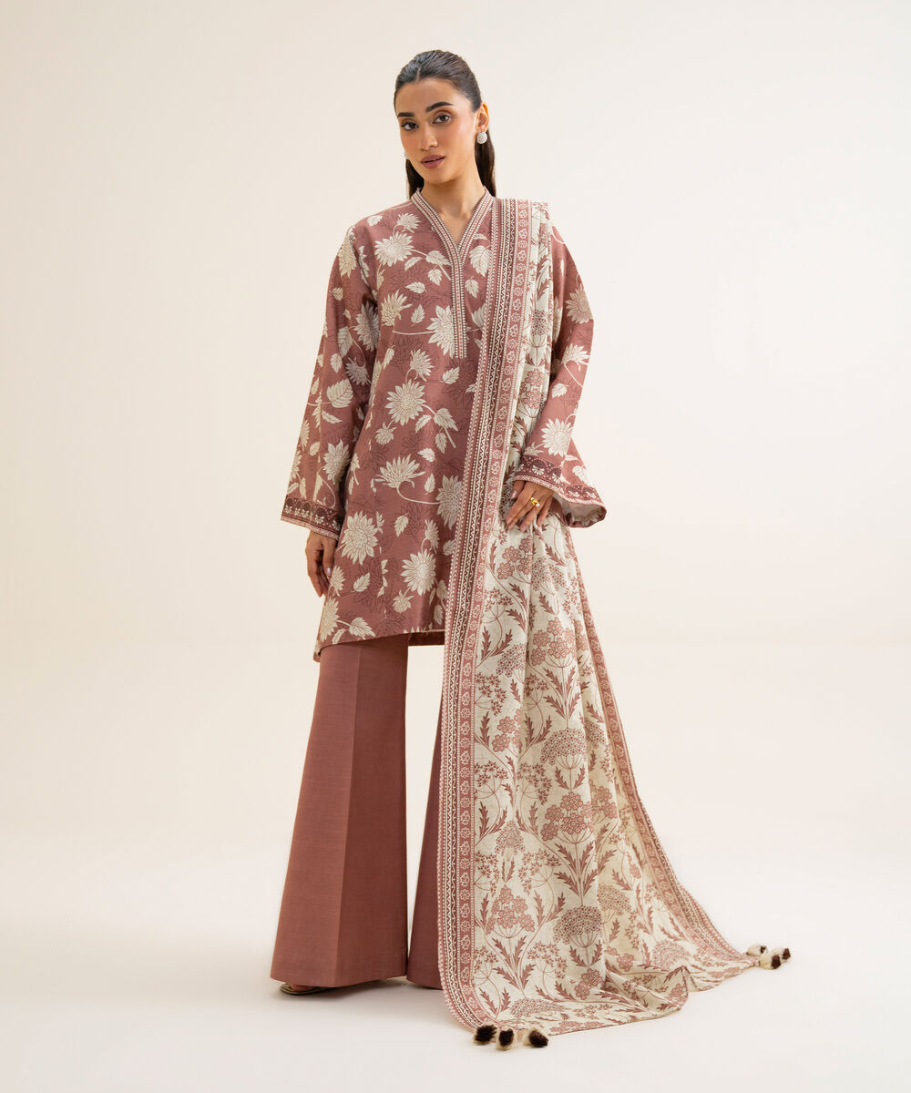 Women's Unstitched Lawn Printed Brown 3 Piece Suit