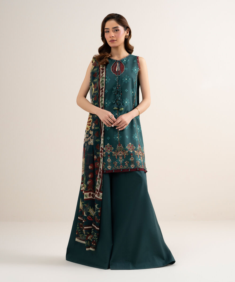 Women's Unstitched Lawn Embroidered Green 3 Piece Suit