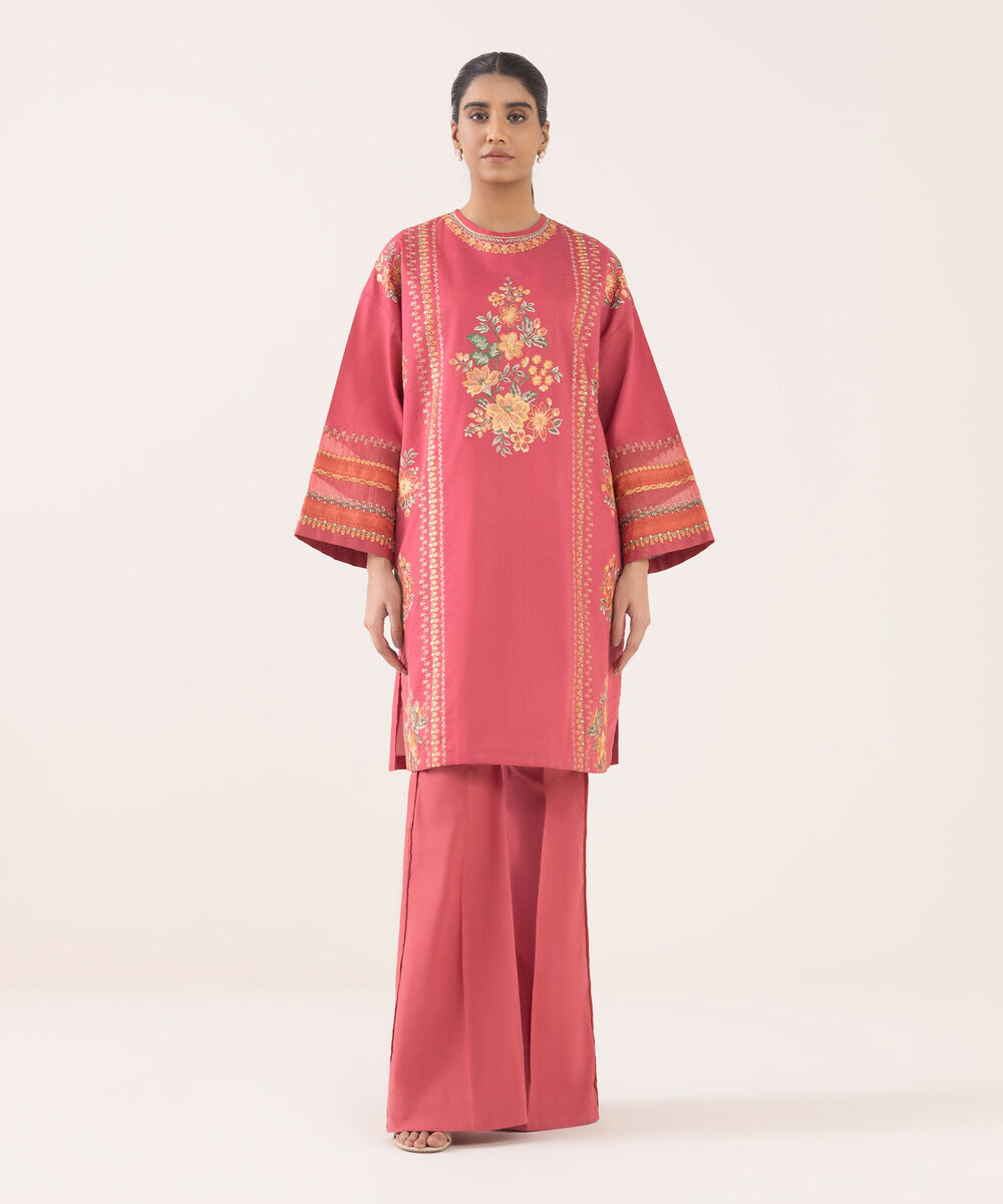 Women's Unstitched Cotton Embroidered Red Two Piece Suit