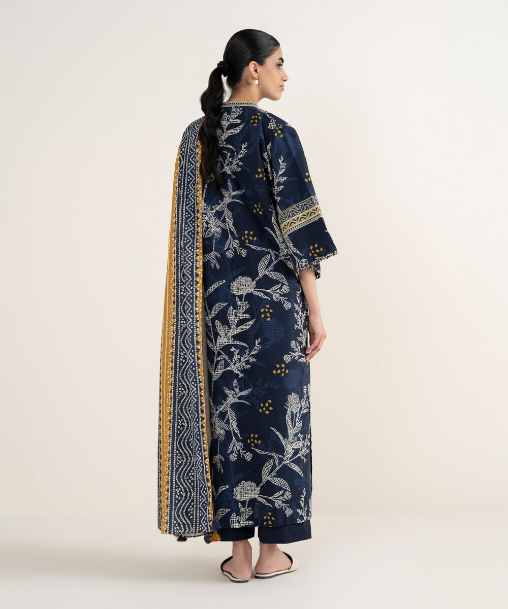 Women's Unstitched Printed Khaddar Mid Night Blue 3 Piece Suit