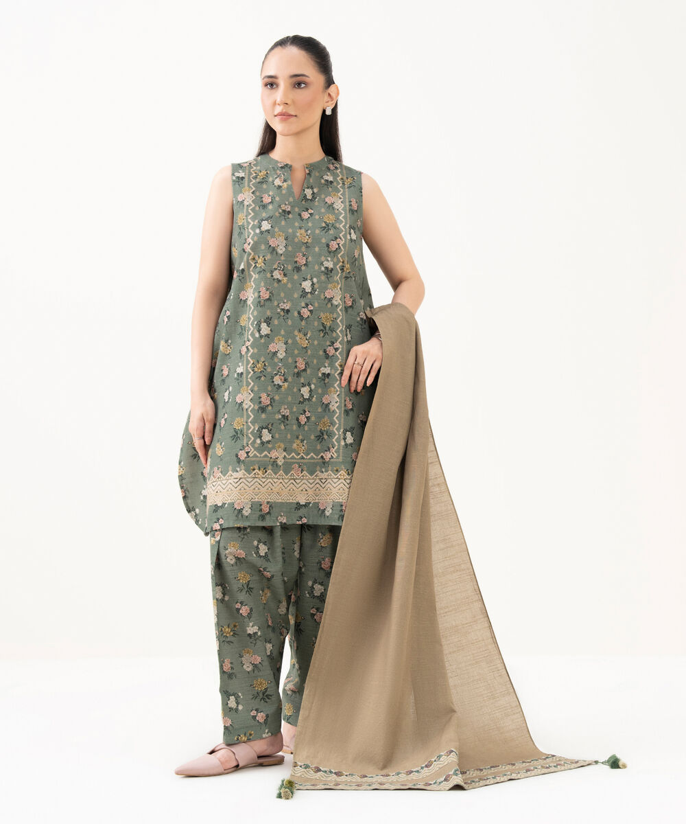 Women's Unstitched Cotton Printed Green 3 Piece Suit