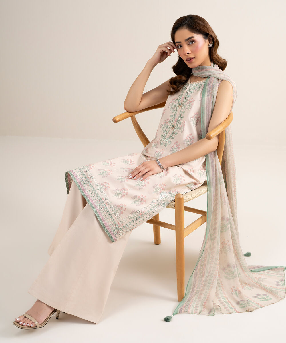 Women's Unstitched Lawn Embroidered Pink 3 Piece Suit