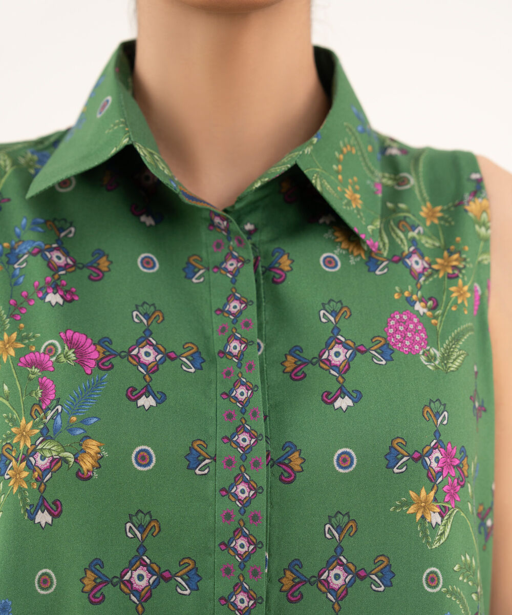 Women's Unstitched Cotton Printed Green 2 Piece Suit