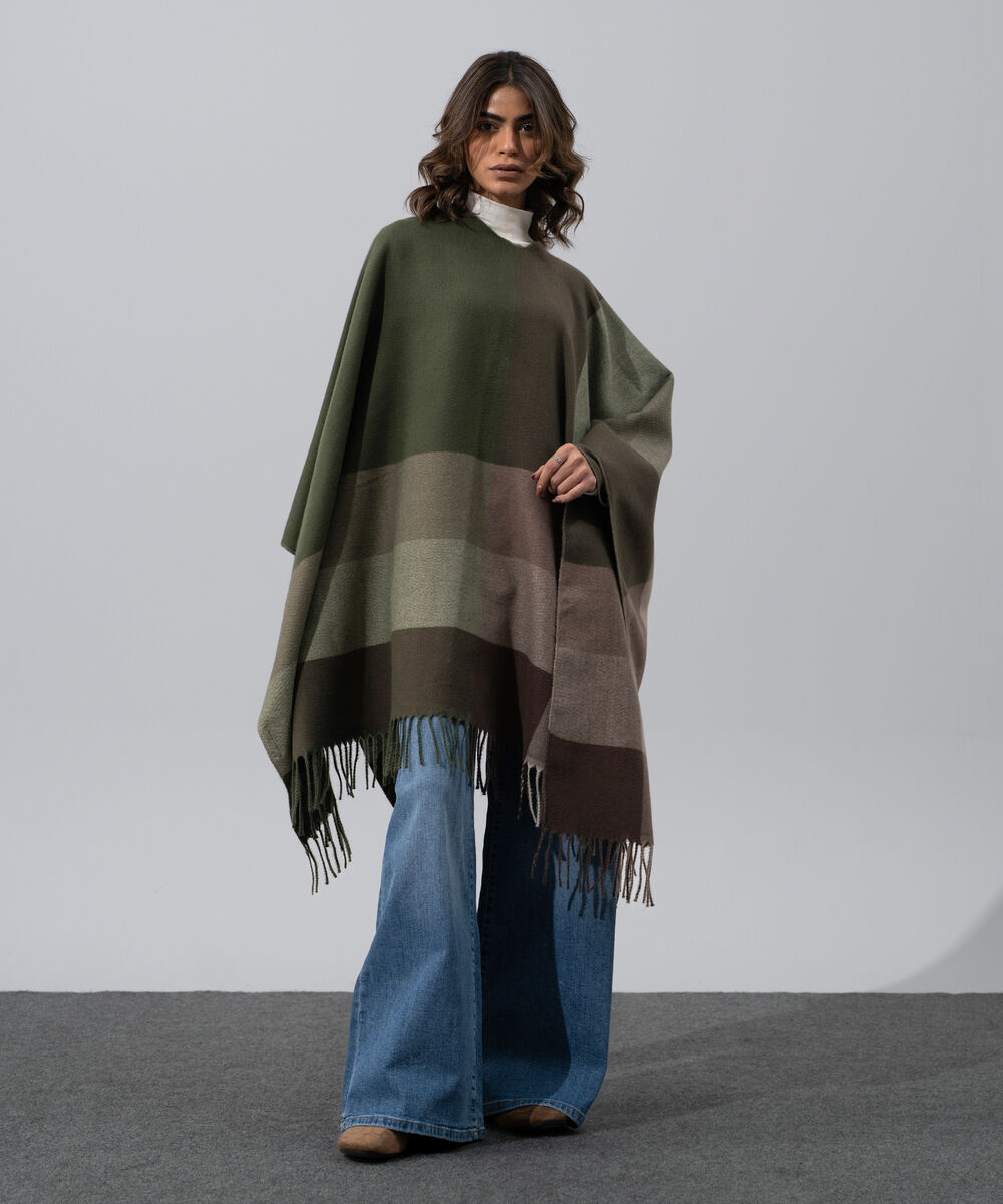 Women's Western Wear Olive Green Polyester Striped Cape Shawl