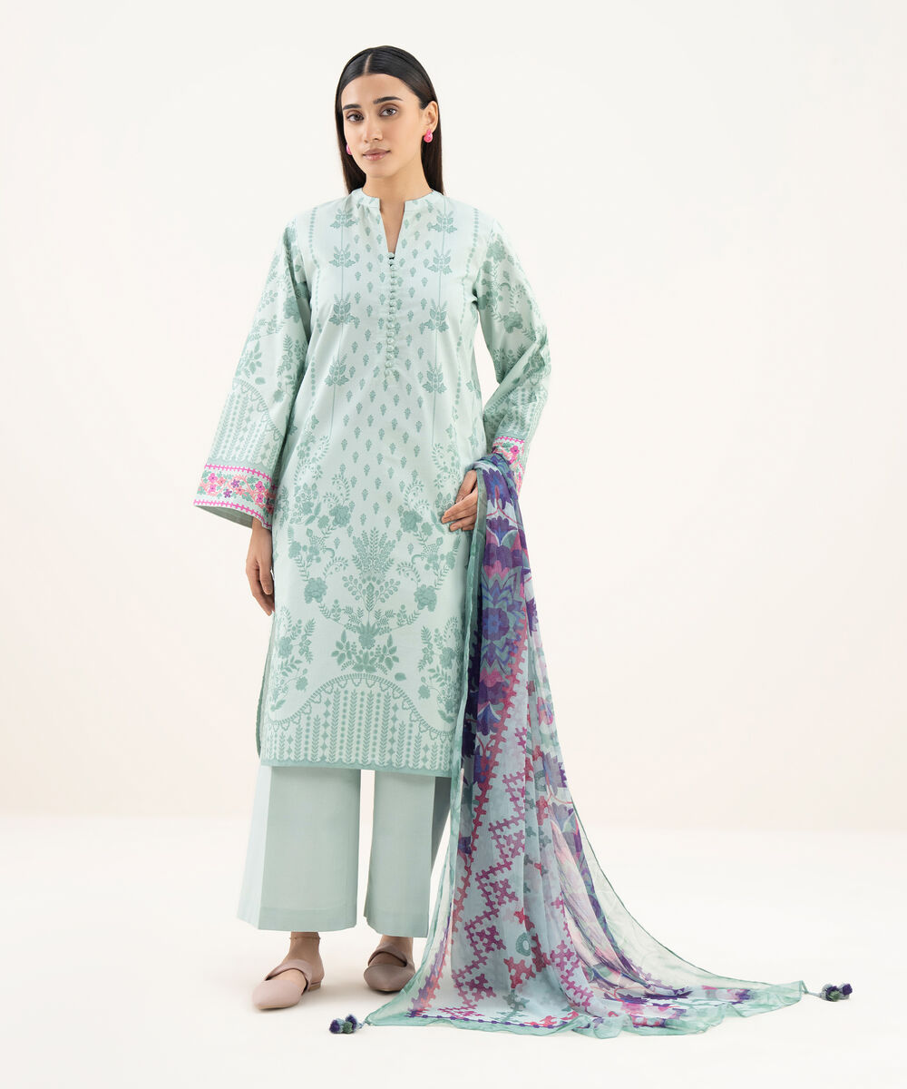 Women's Unstitched Lawn Printed Blue 3 Piece Suit