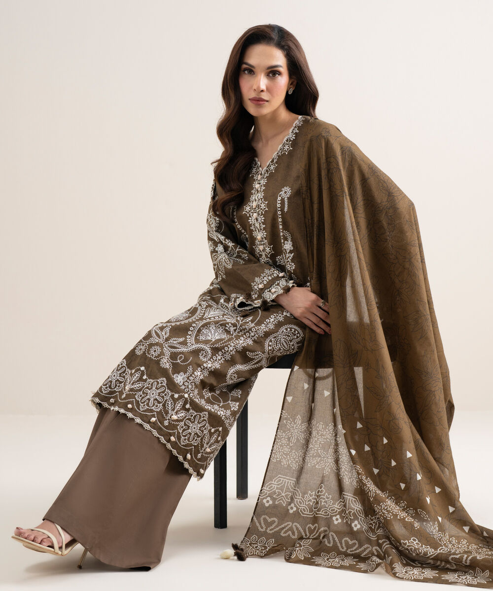 Women's Unstitched Lawn Embroidered Brown 3 Piece Suit