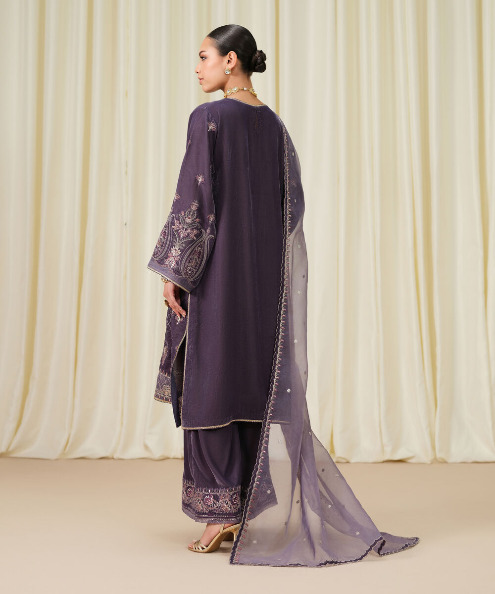 Women's Unstitched Embroidered Velvet Purple 3 Piece Suit