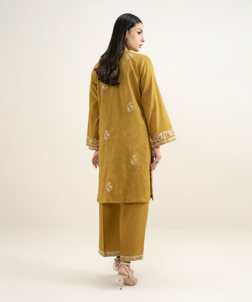 Women's RTW Self Jacquard Embroidered Yellow A-Line Shirt