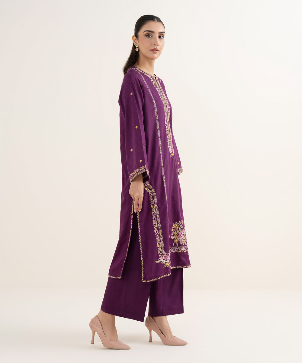 Women's RTW Self Jacquard Embroidered A-Line Purple Shirt