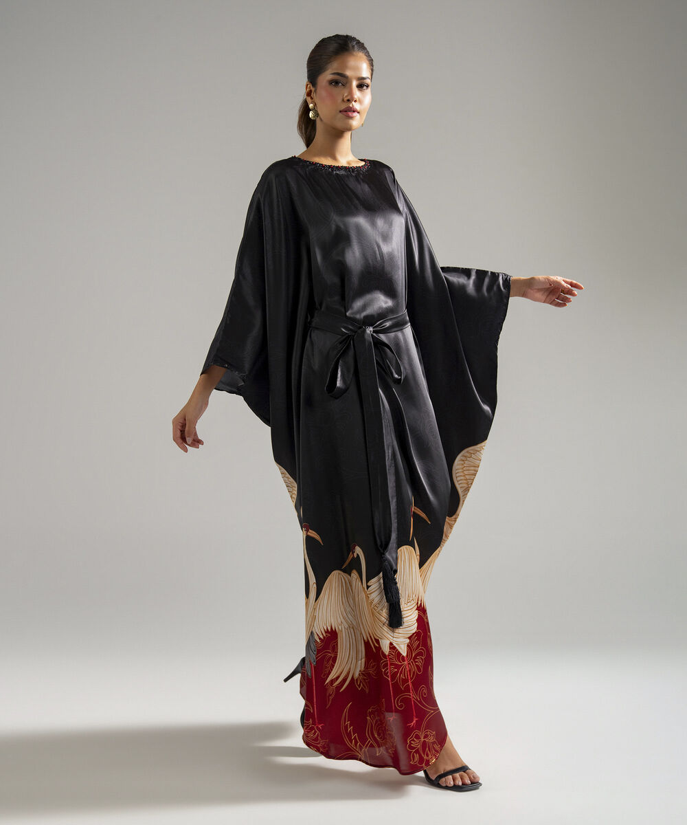 Women's RTW Blended Satin Printed Black Kaftan