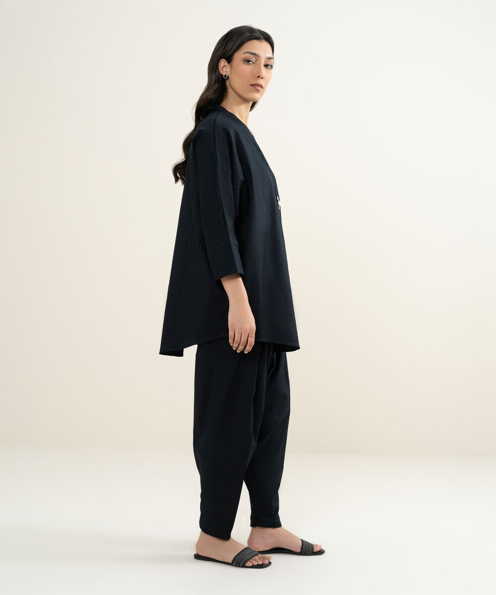 Women's RTW Dobby Solid Black Drop Shoulder Shirt