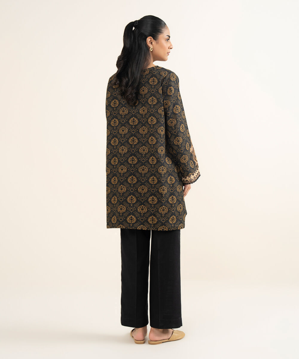 Women's RTW Khaddar Embroidered Black A-Line Shirt