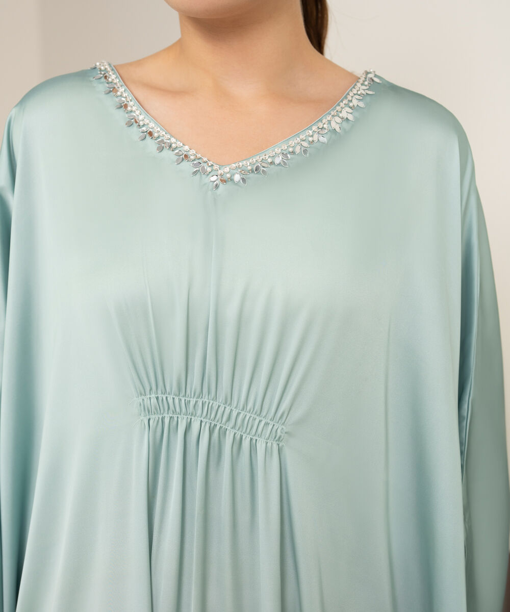 Women's RTW Blended Satin Printed Green Kaftan