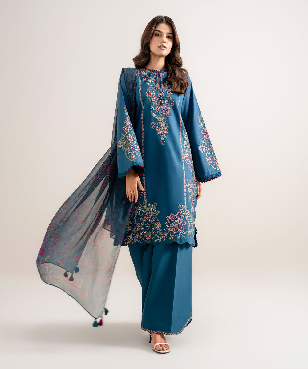 Women's Unstitched Embroidered Cotton Viscose Teal Blue 3 Piece Suit
