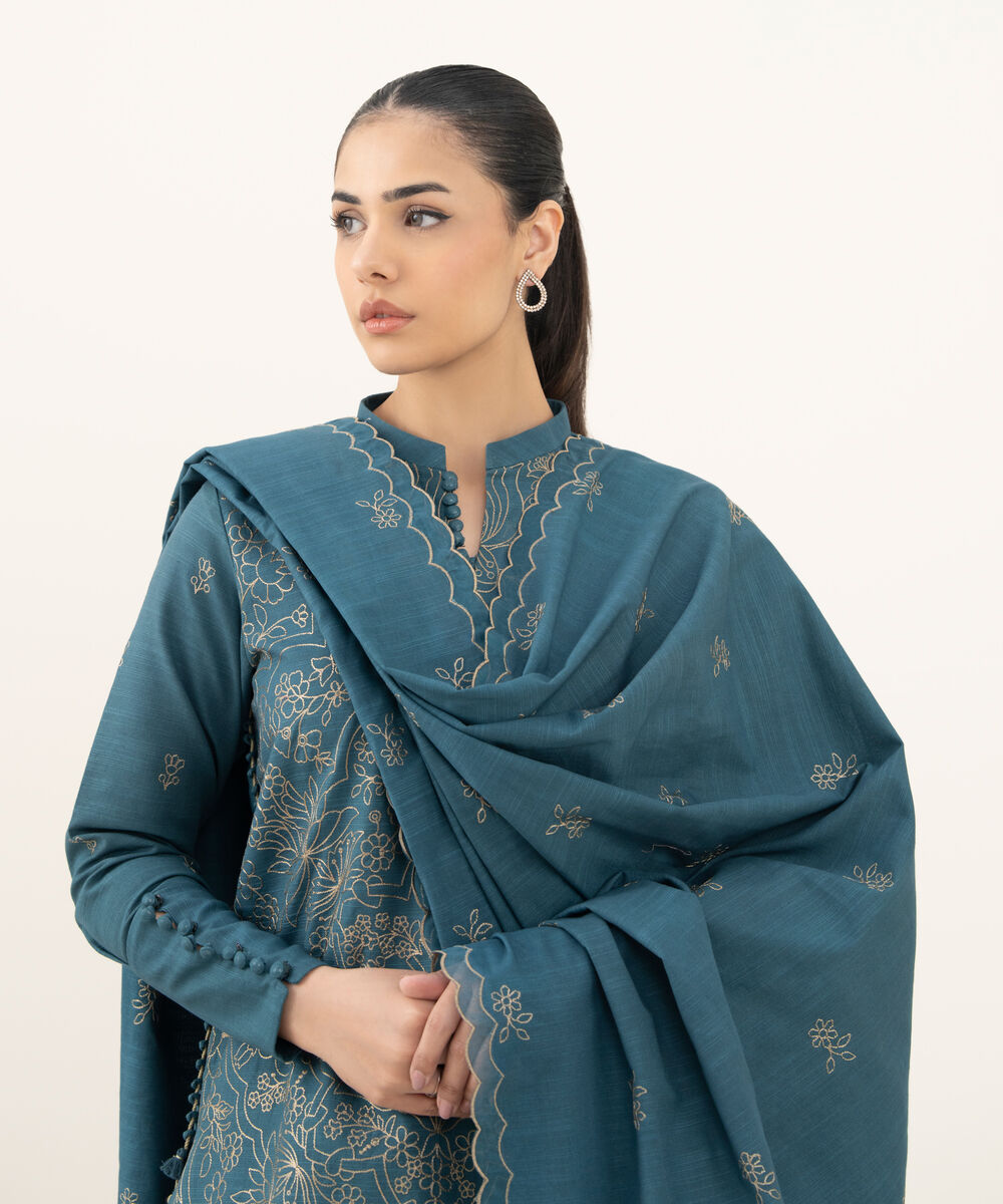 Women's Unstitched Embroidered Khaddar Teal Green 3 Piece Suit