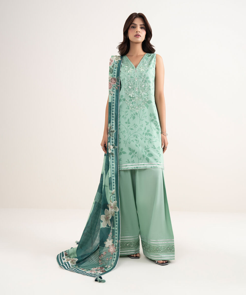 Women's Unstitched Lawn Green Embroidered 3 Piece Suit