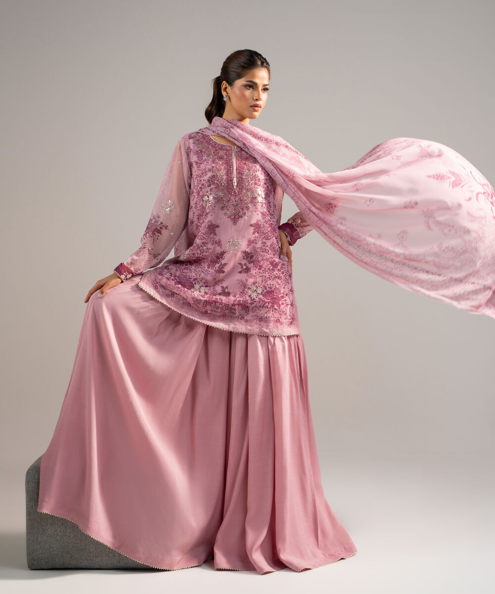 Women's RTW Chiffon Embroidered Pink 3 Piece Suit