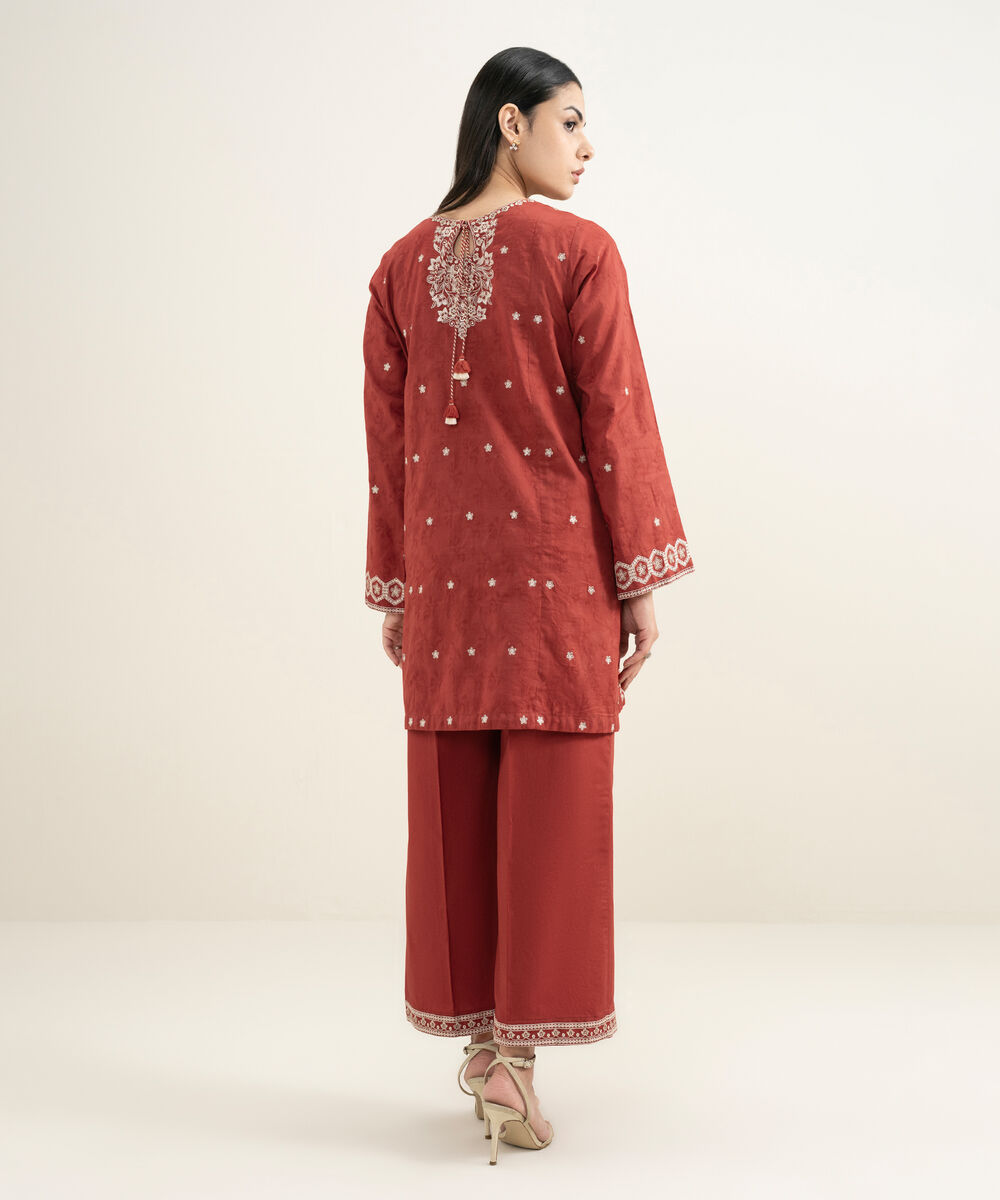 Women's RTW Self Jacquard Embroidered Orange Straight Shirt