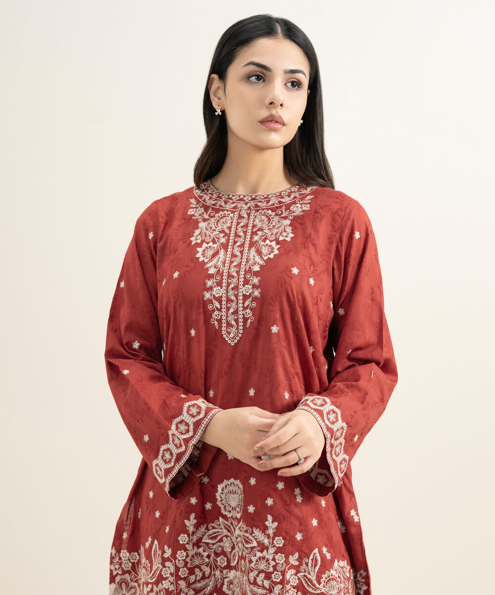 Women's RTW Self Jacquard Embroidered Orange Straight Shirt