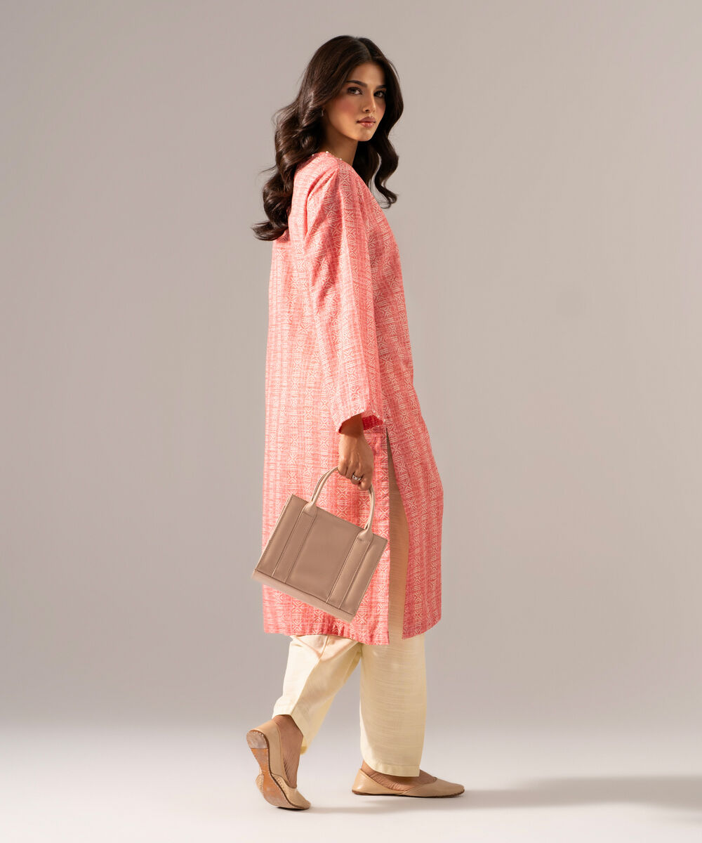 Women's RTW Khaddar Printed Pink Straight Shirt