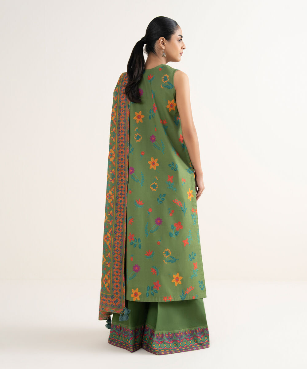 Women's Unstitched Cotton Embroidered Green 3 Piece Suit