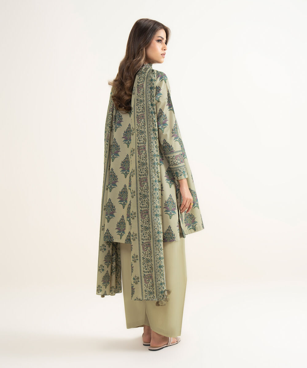 Women's Unstitched Lawn Printed Beige 3 Piece Suit