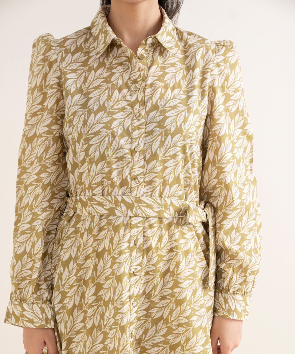 Women's RTW Cambric Printed Olive Green Dress