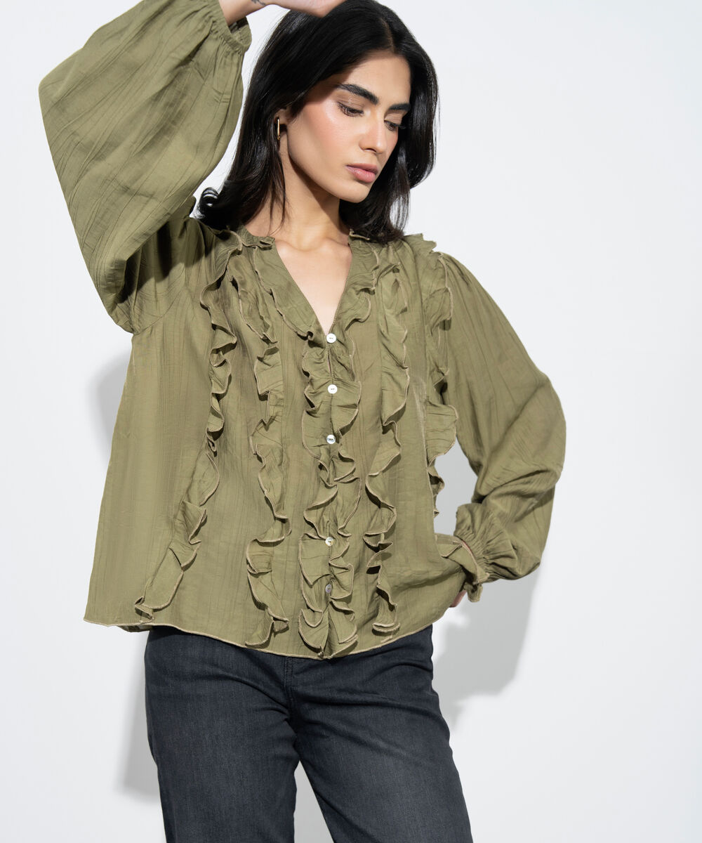 Women's Western Mustard Textured Ruffled Top