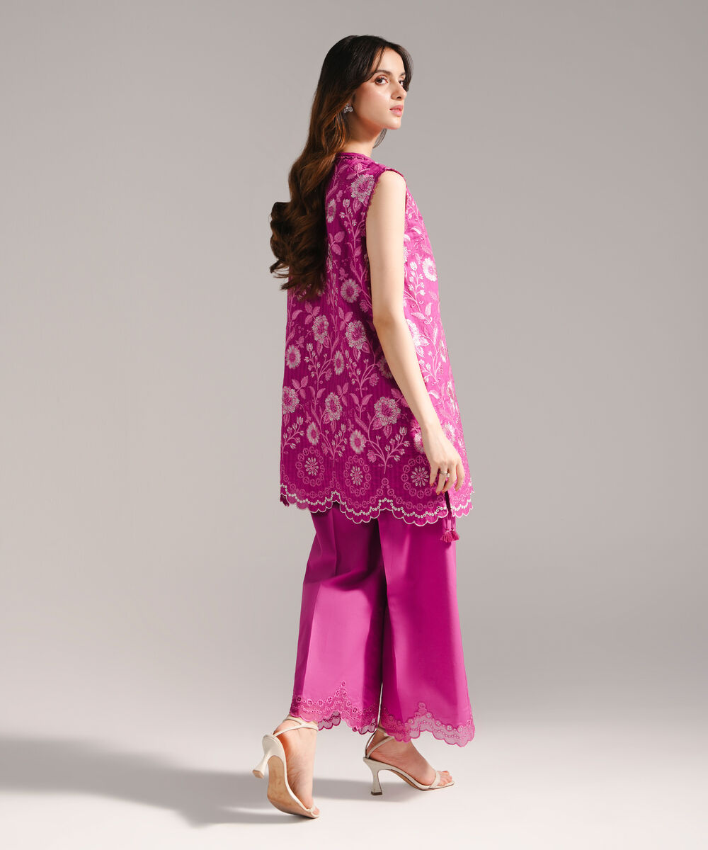 Women's RTW Textured Cotton Embroidered Dark Pink 2 Piece Suit